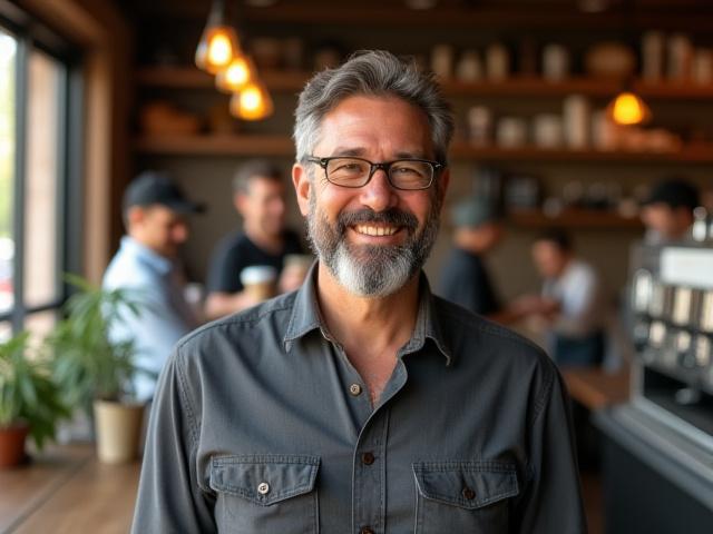 Joe, founder of Manta Joe, smiling warmly by the brew bar
