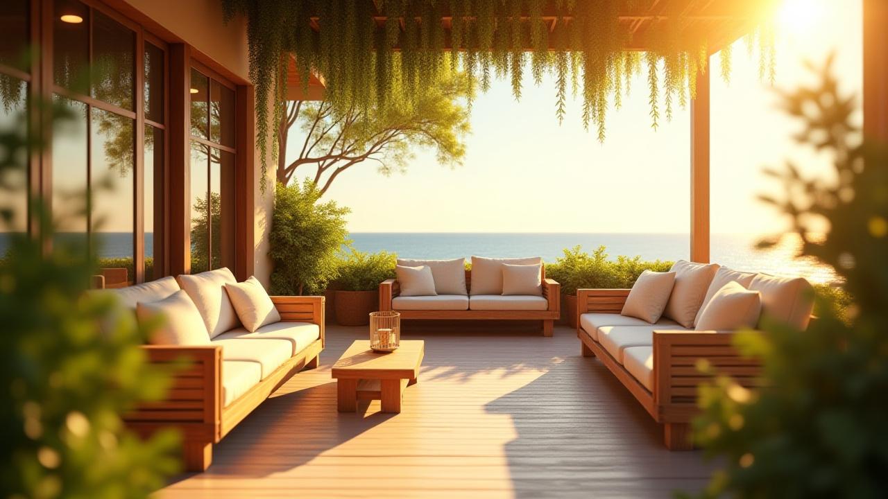 Sunny outdoor patio seating at Manta Joe with plants and ocean breeze ambiance