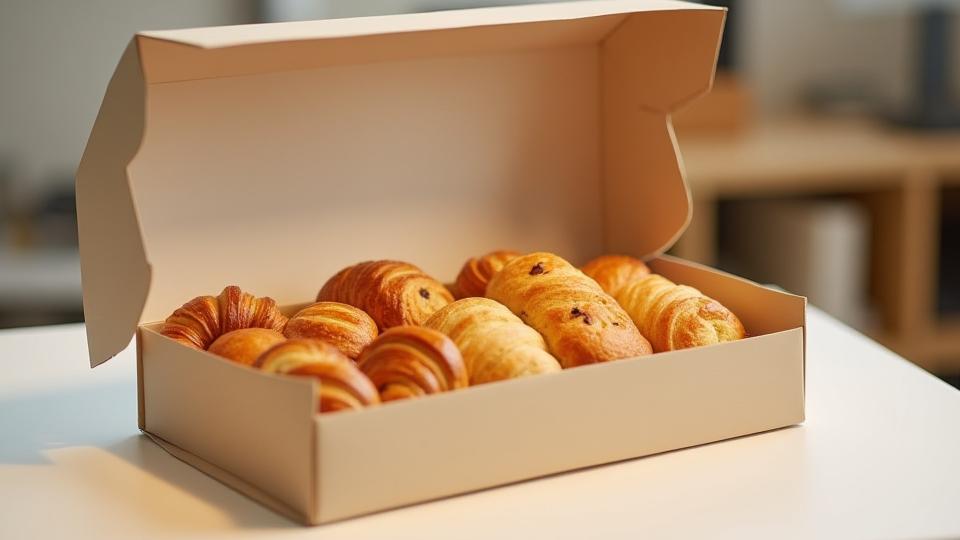 An open box filled with an assortment of Manta Joe's freshly baked pastries, ready for catering, on a stylish table.