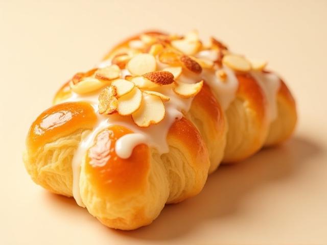 An golden-brown almond bear claw pastry, generously topped with sliced almonds and a sweet glaze.
