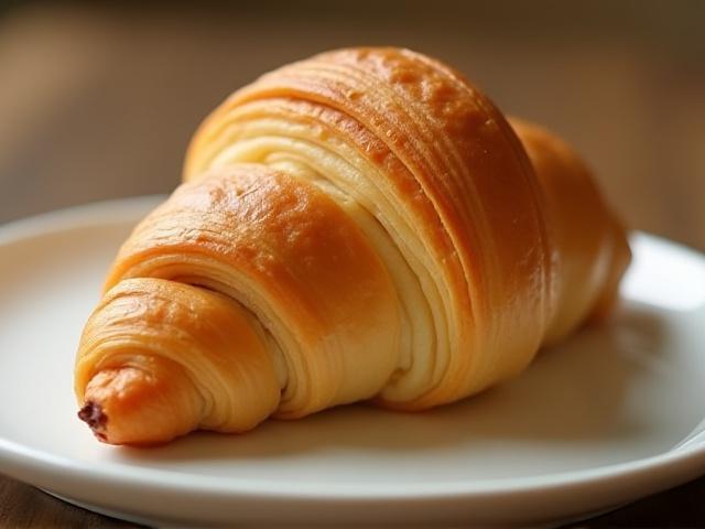 A perfectly golden, flaky classic butter croissant on a white plate.