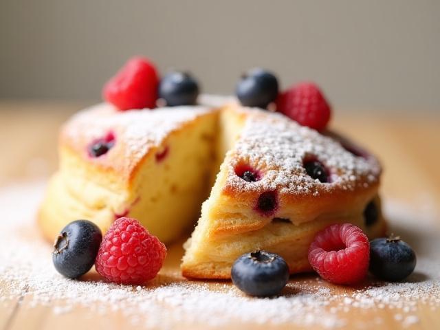 A freshly baked seasonal fruit scone, garnished with fresh berries and a light dusting of powdered sugar.