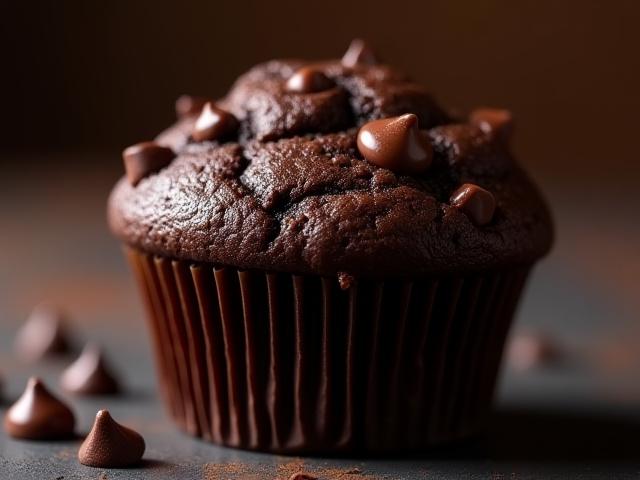A rich, dark double chocolate vegan muffin with chocolate chips visible.
