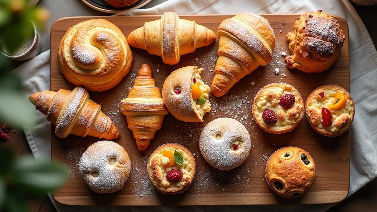 A rustic wooden board with a delectable assortment of Manta Joe's artisanal pastries, including croissants, scones, and muffins, lightly dusted with sugar, evoking a warm and inviting atmosphere.