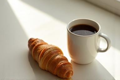 An almond bear claw next to a bold Americano coffee.