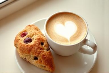 A light seasonal scone next to a smooth, creamy latte with art.