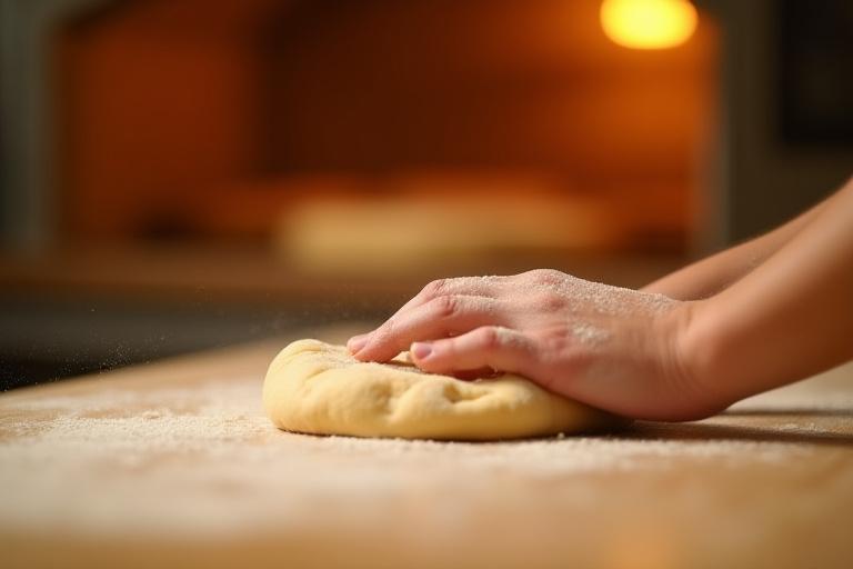 A Manta Joe baker's hands gently dusting flour over fresh dough on a wooden countertop, with warm oven light in the background.