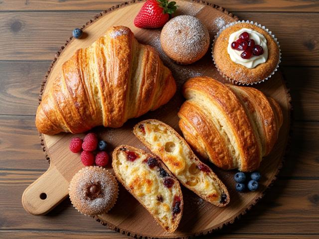 Assortment of Manta Joe fresh-baked croissants, scones, and muffins on a wooden board