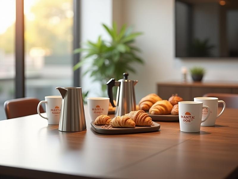 Manta Joe catering setup in a modern San Diego office meeting room with coffee carafes, cups, and pastries.