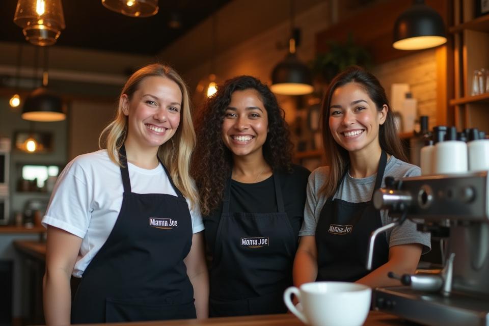 A group of smiling Manta Joe baristas posing proudly behind their espresso machine.
