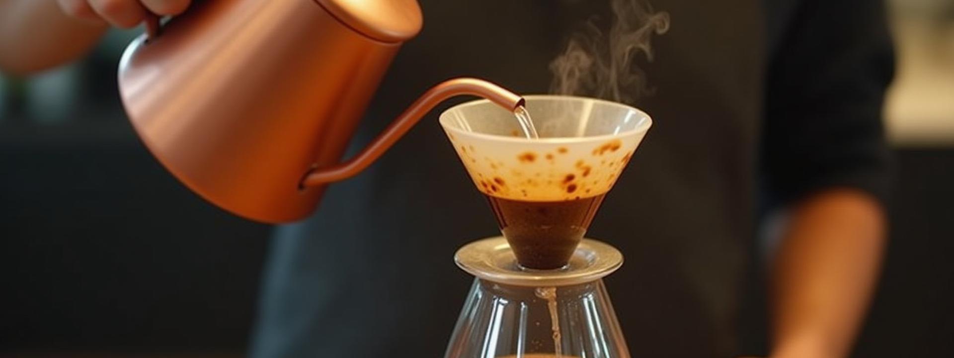 Close-up of a pour-over coffee being brewed, highlighting the detailed process and rich coffee color.