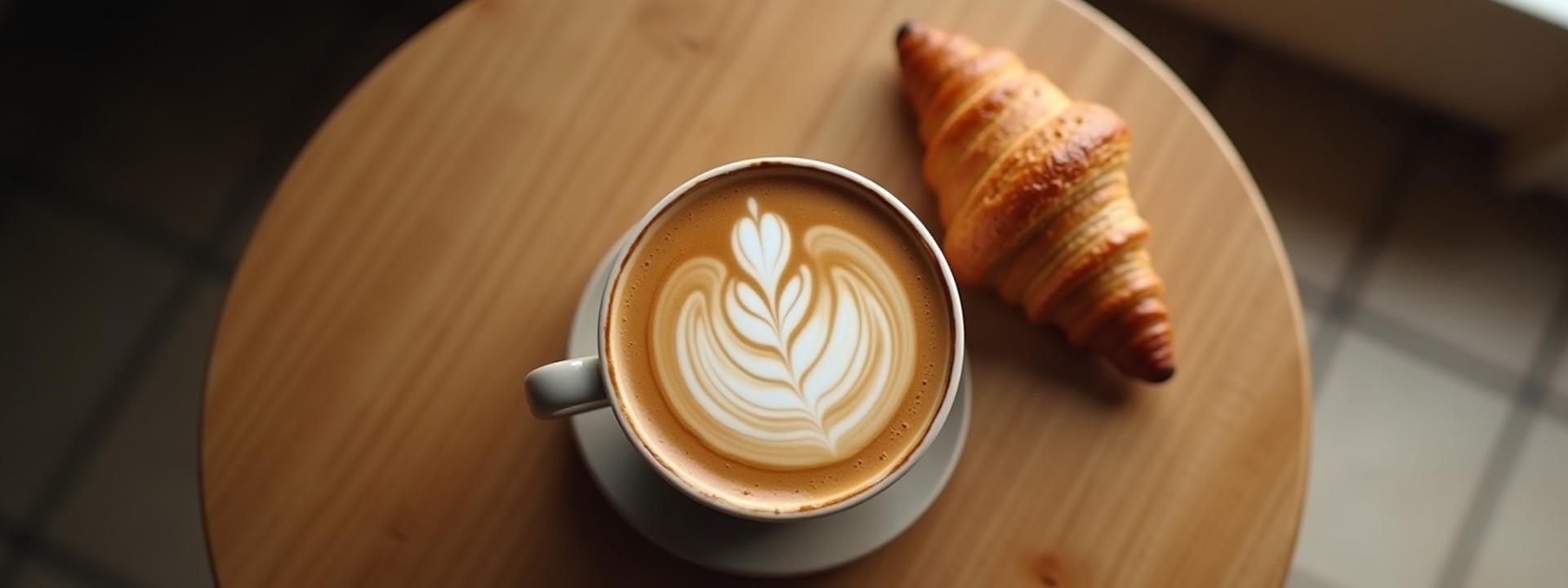A beautifully crafted latte next to a golden, flaky croissant on a wooden table, invitingly warm.