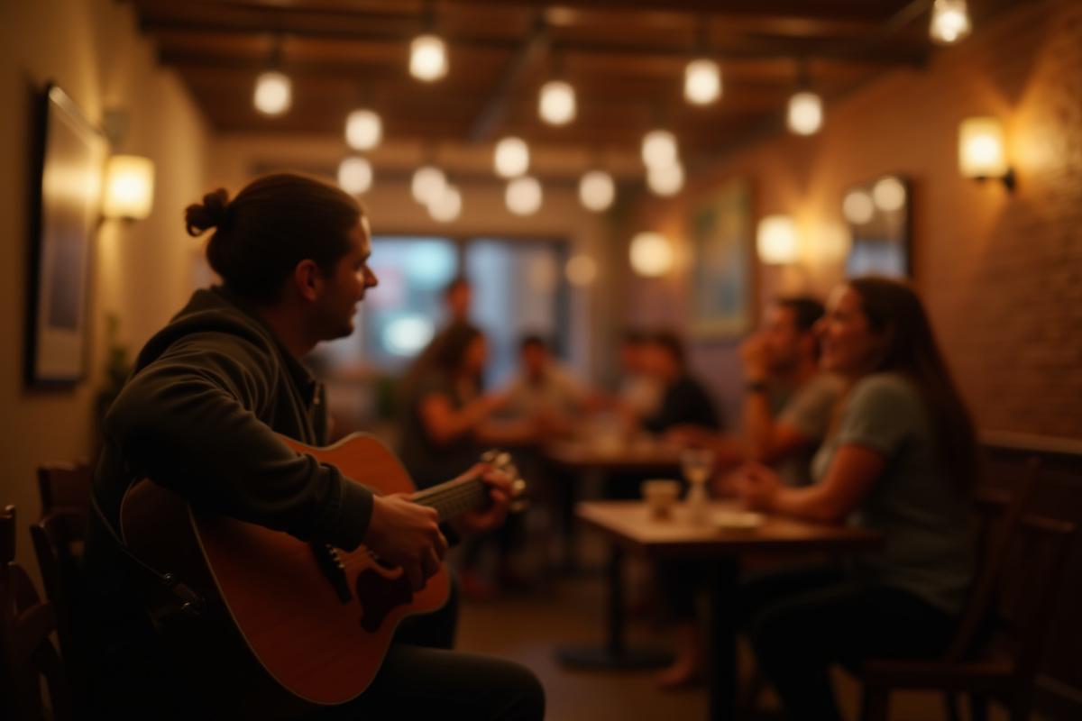 A live acoustic music performance in a cozy, vibrant Caffeine Mac cafe setting with happy customers