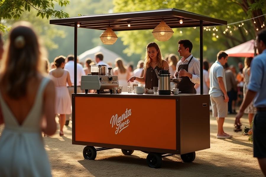 Stylish mobile coffee cart serving guests at a lively outdoor event