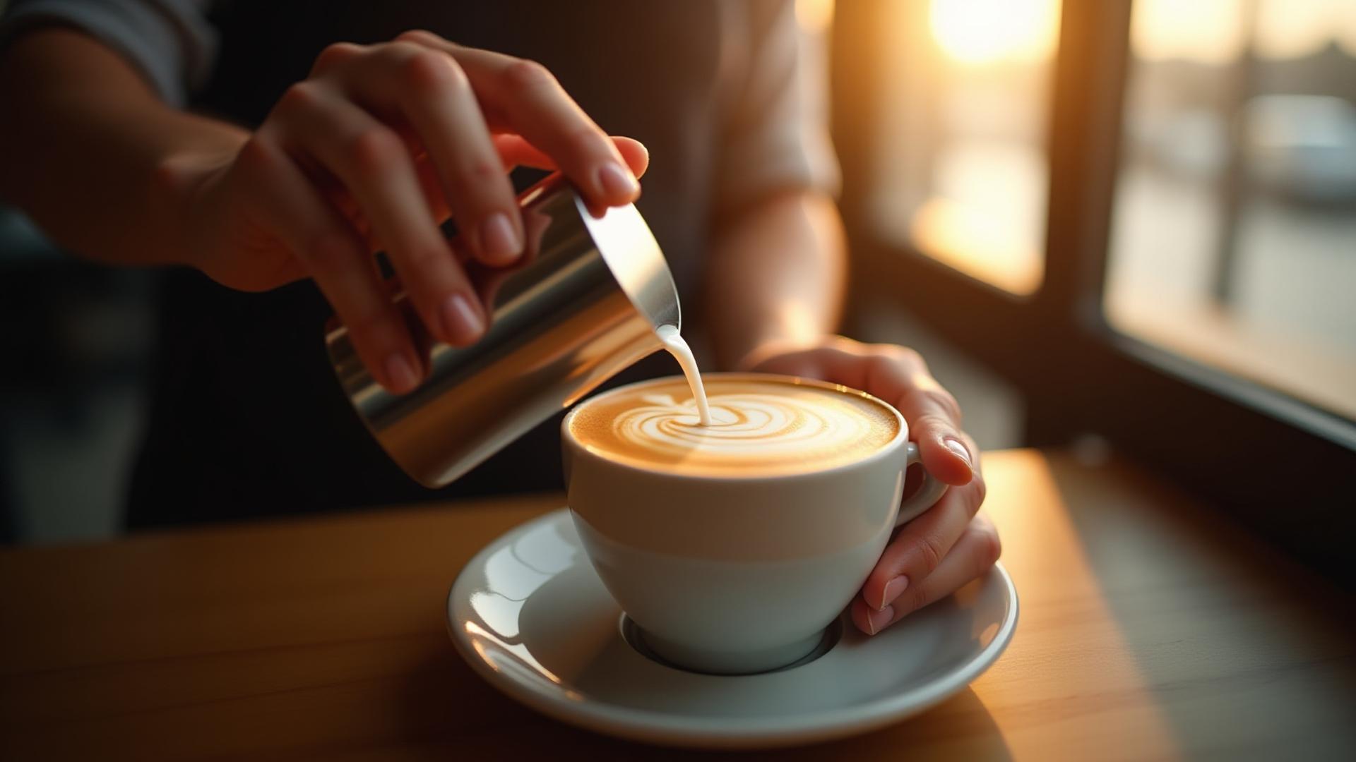 Barista creating intricate latte art in a sunlit Caffeine Mac cafe with a subtle ocean wave overlay