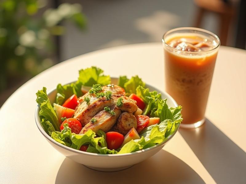 Fresh, vibrant light lunch salad with a Caffeine Mac latte on a table
