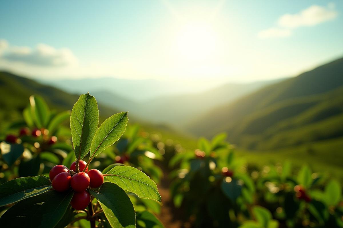 Lush, verdant coffee farm with ripe coffee cherries in a tropical setting, indicating responsible sourcing and natural light.