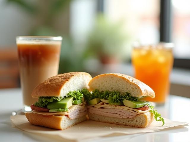 A delicious sandwich next to a refreshing iced coffee