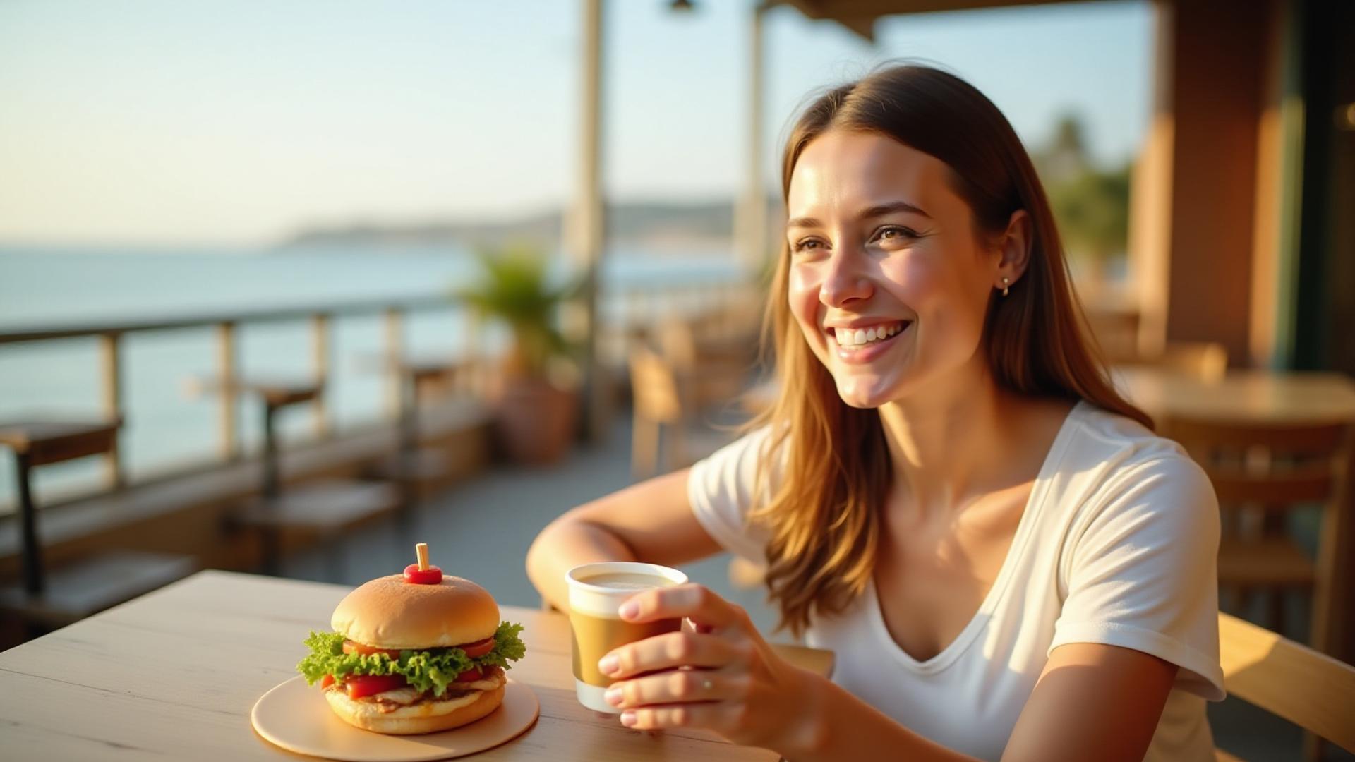 Woman enjoying a healthy sandwich and iced coffee at an outdoor table with a view of the ocean in San Diego