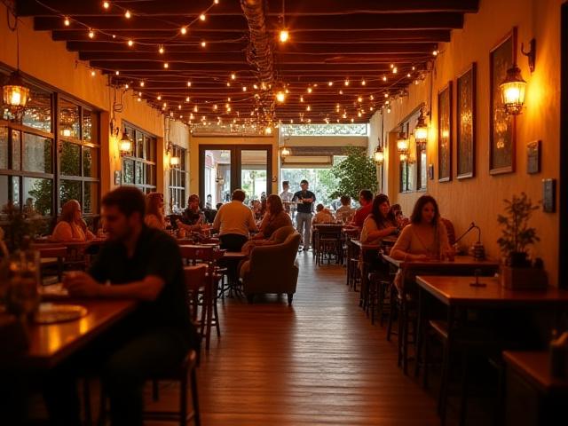 Warmly lit interior of Manta Joe cafe during a live music event