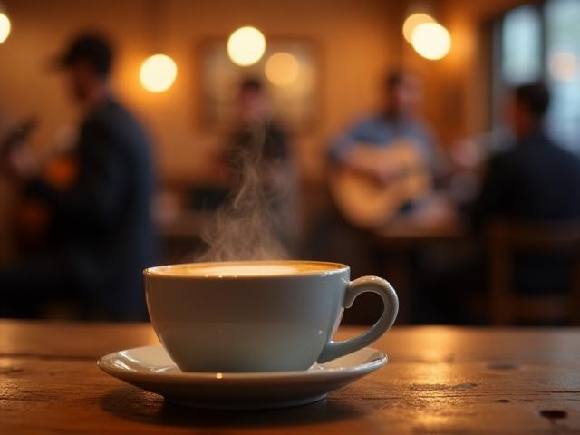 A steaming cup of craft coffee on a table with blurred audience and musician in the background