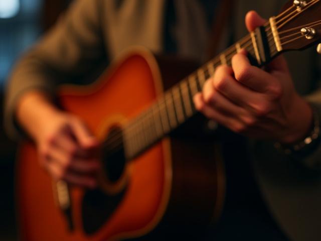 Close-up of a musician's hands on a guitar under warm stage lighting
