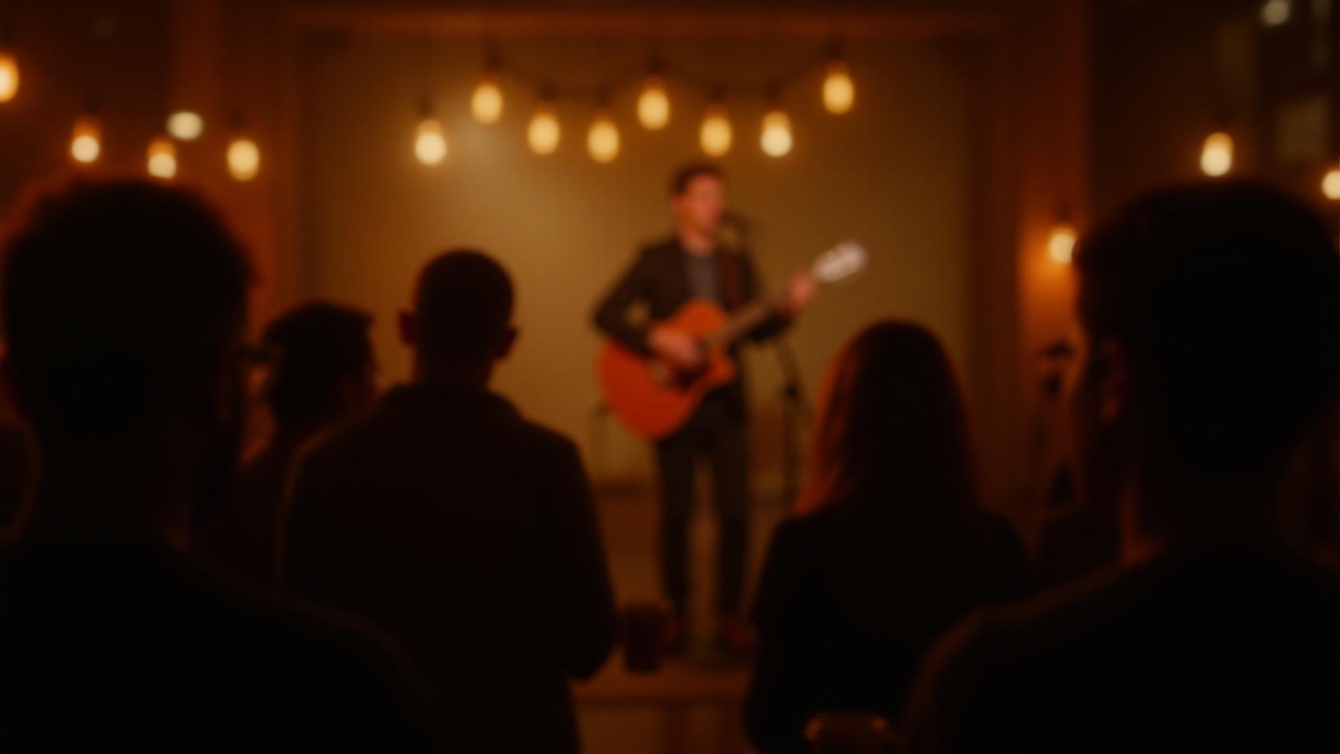 Musician performing on stage at Manta Joe, surrounded by warm, glowing lights and silhouetted audience members