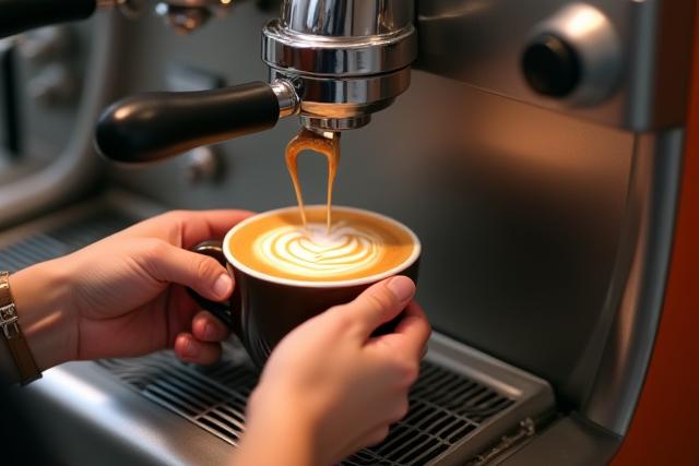 Close-up of a friendly Manta Joe barista preparing a latte on the mobile cart