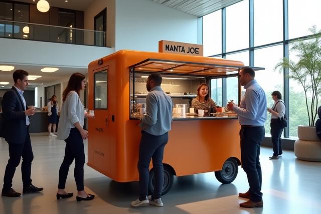Manta Joe mobile coffee cart serving professionals inside a modern San Diego office building