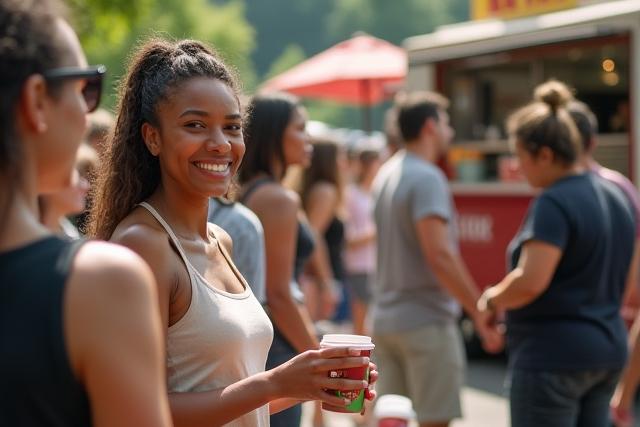 Happy customers waiting in line for coffee at the Manta Joe mobile cart