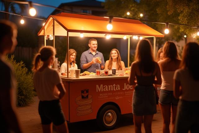 Guests enjoying coffee from Manta Joe mobile cart at a private backyard party