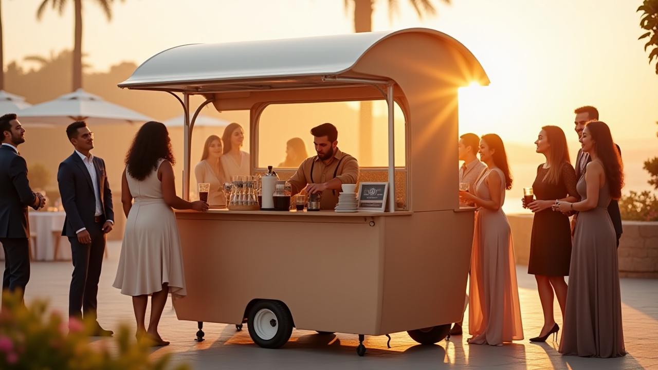Stylish Manta Joe mobile coffee cart serving happy guests at an outdoor wedding in San Diego