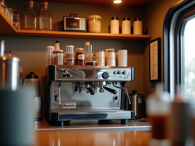 Interior view of the Manta Joe mobile coffee cart showing espresso machine