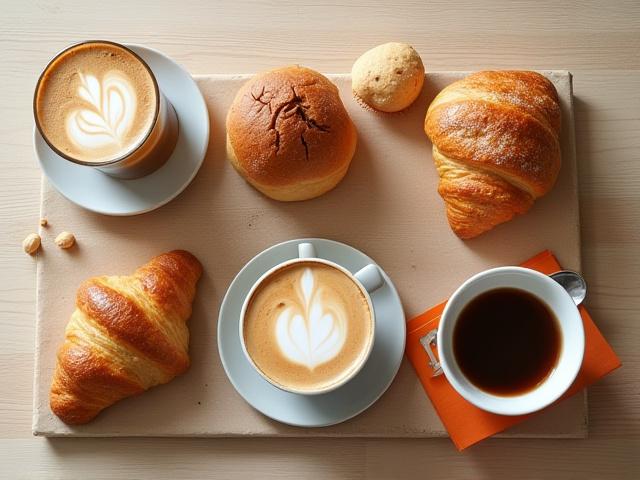 Assortment of Manta Joe craft coffee drinks and artisanal pastries