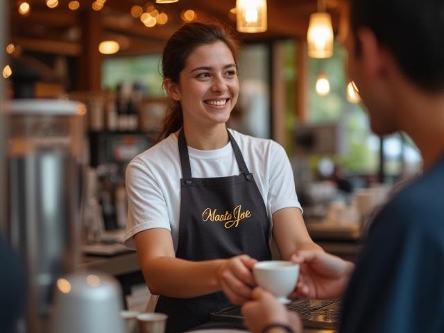 Manta Joe barista serving coffee with a smile at an event