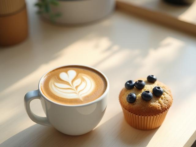 Beautifully crafted oat milk latte with latte art next to a vegan muffin on a light wooden table