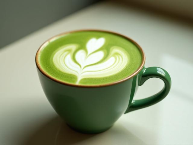 Vibrant green Manta Matcha Latte with beautiful latte art in a ceramic mug