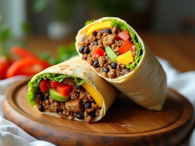 Hearty plant-based breakfast burrito, cut in half, revealing colorful fillings