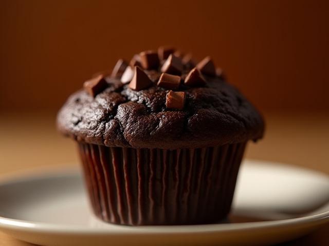 Rich vegan chocolate muffin with visible chocolate chips on a white plate