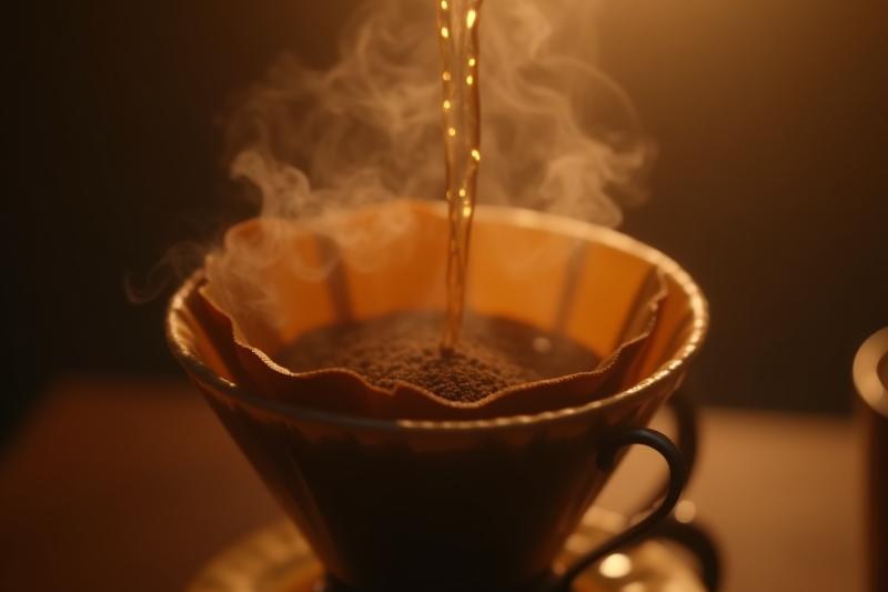 Artfully prepared pour-over coffee being brewed, steam rising