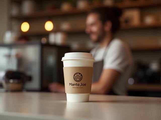 Manta Joe branded reusable coffee cup on a cafe counter with smiling barista in the background