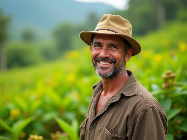 Coffee farmer smiling on a vibrant green coffee farm in Costa Rica's Tarrazú region