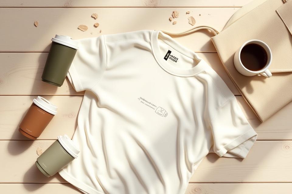 A flat lay of Manta Joe merchandise including a branded mug with coffee, a soft cream t-shirt, a canvas tote bag, and a reusable coffee cup, all laid out on a light wooden surface with a subtle San Diego coastal vibe.