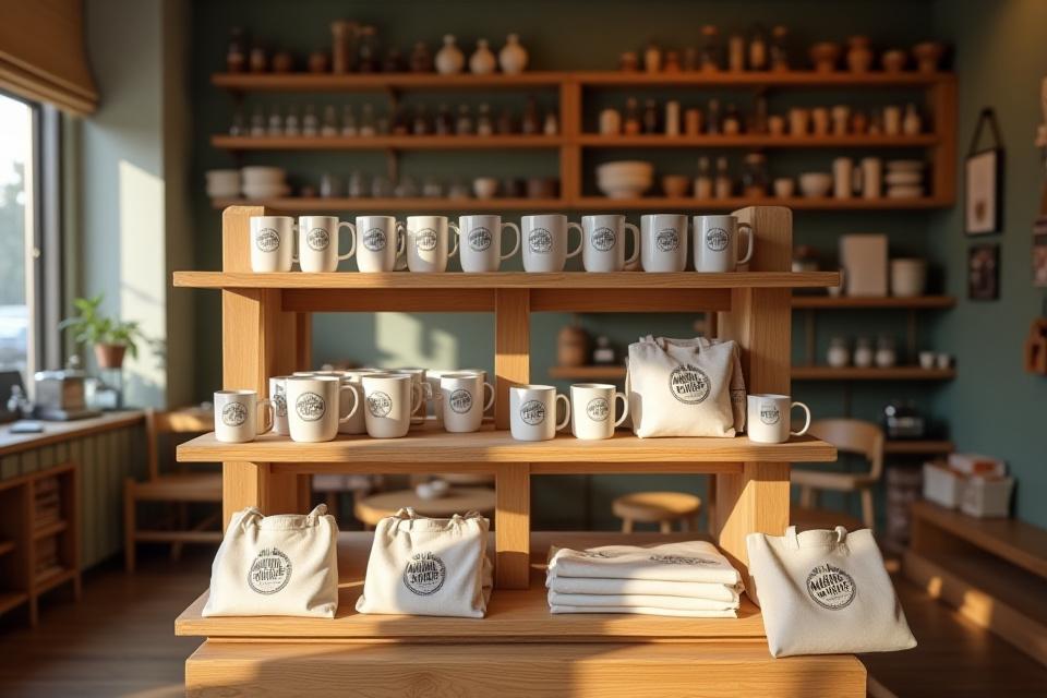 A warm, inviting photo of the Manta Joe in-store merchandise display, showcasing mugs, t-shirts, and bags neatly arranged on wooden shelves, with natural light from a window.