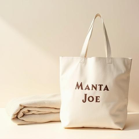 A durable canvas Manta Joe tote bag with the distinct manta logo, sitting casually on a beach towel.