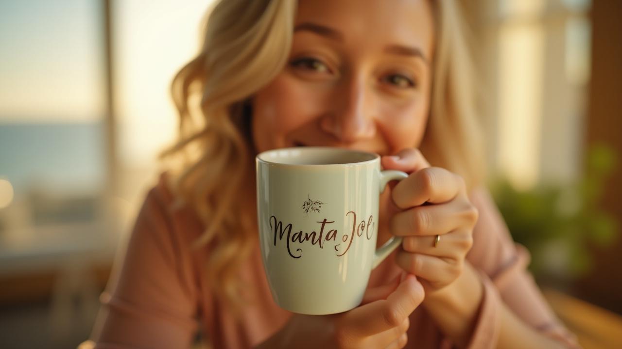 Someone smiling peacefully while drinking from a Manta Joe mug at a sunlit kitchen window, coastal background blurred.
