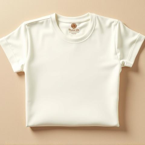 A soft, cream-colored Manta Joe 'Oceanview Tee' made of organic cotton, subtly folded to show the Manta Joe logo.