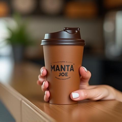 A co-branded Manta Joe reusable KeepCup, brown with a contrasting lid, shown filled with coffee.