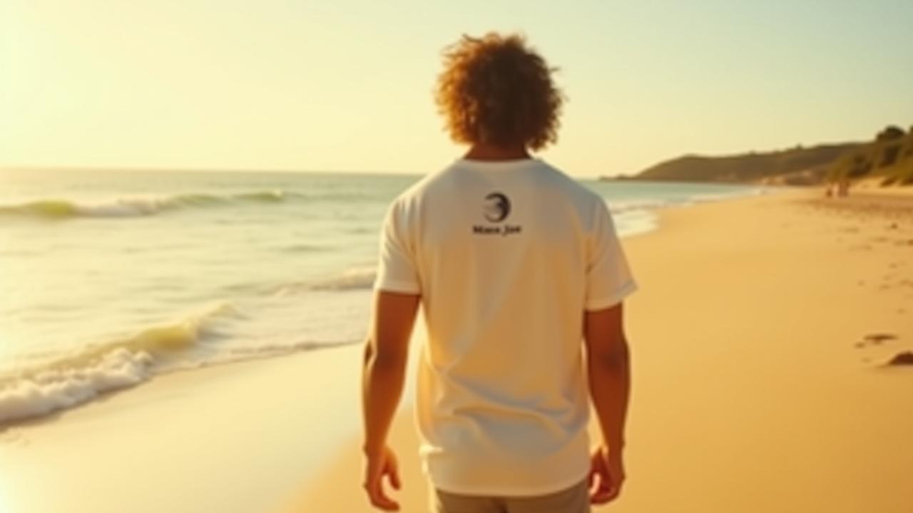 A person wearing the Manta Joe 'Oceanview Tee', walking along the sandy beach with ocean waves in the background, subtly showing the logo.