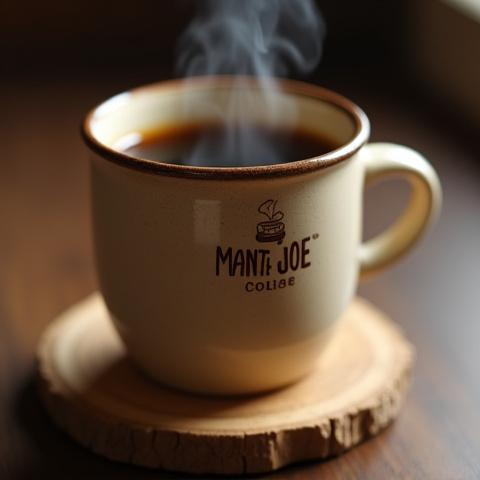 A ceramic Manta Joe branded coffee mug, filled with dark coffee, sitting on a natural wood coaster.
